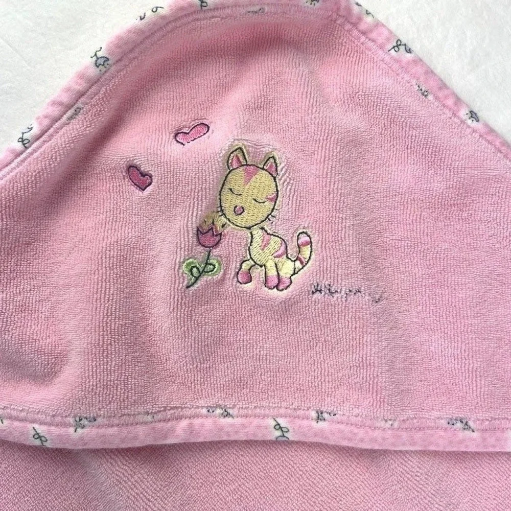 2001‎ Carters Pink Emu Baby Blanket Cat Flower Hooded Towel 28x36 Girl Vintage